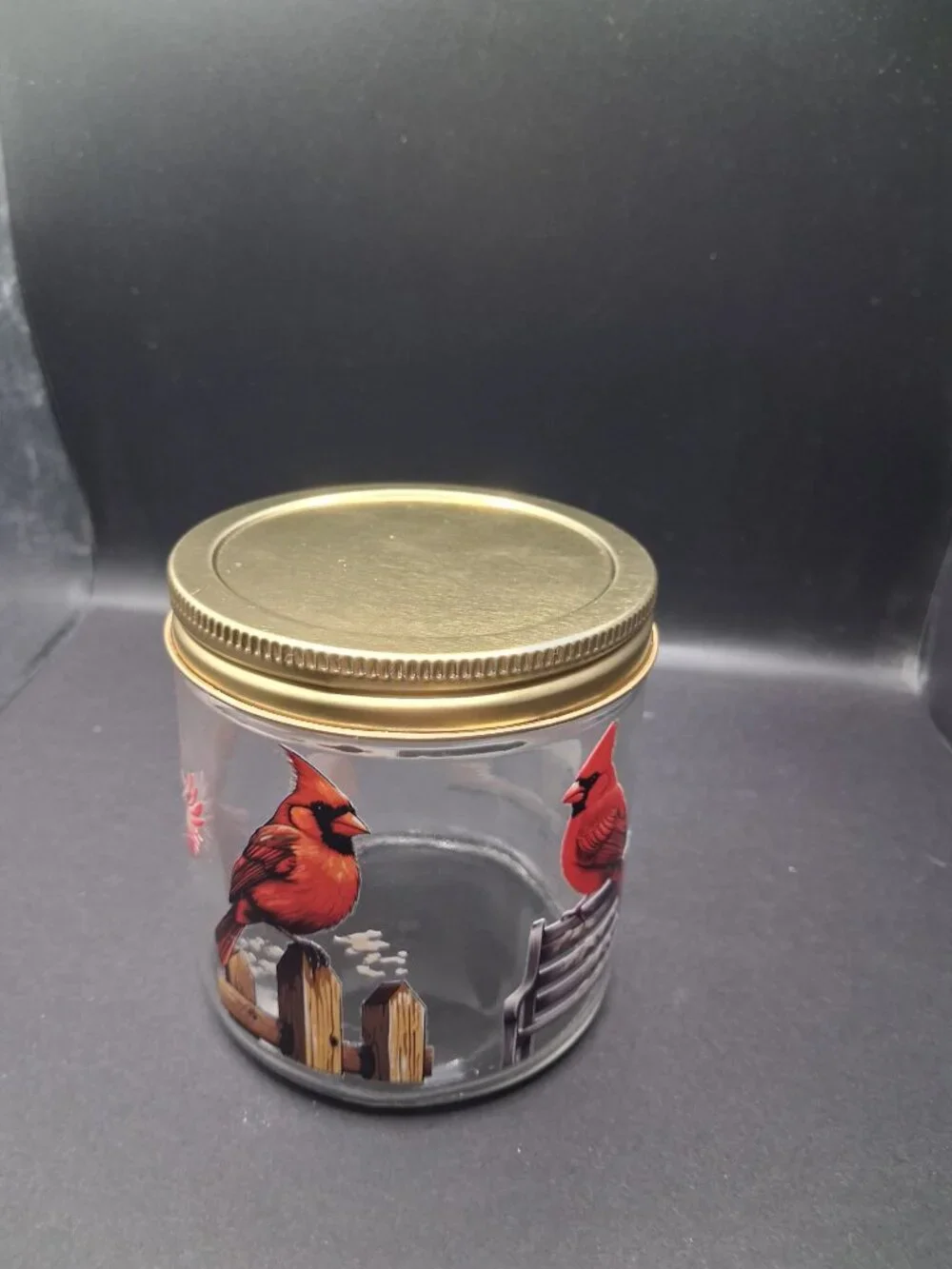 Cardinal Winter Glass Storage Jar 16oz Gold Lid